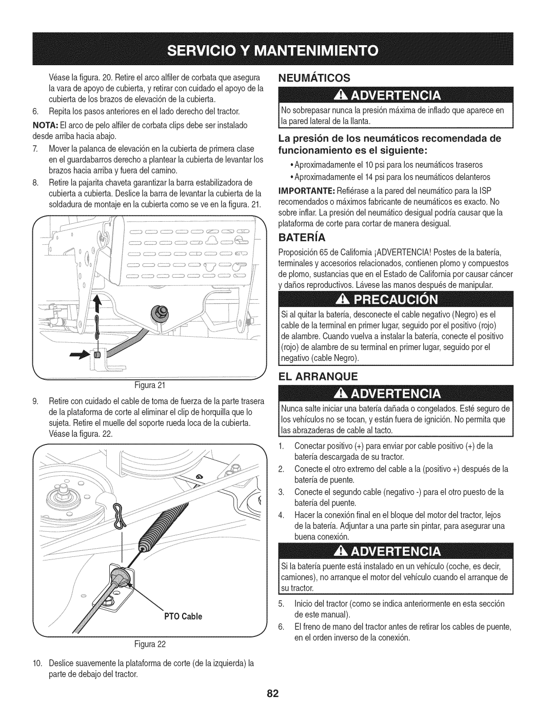 Craftsman 247.28902 manual Neumaticos, EL Arranque, PT0 Cable 