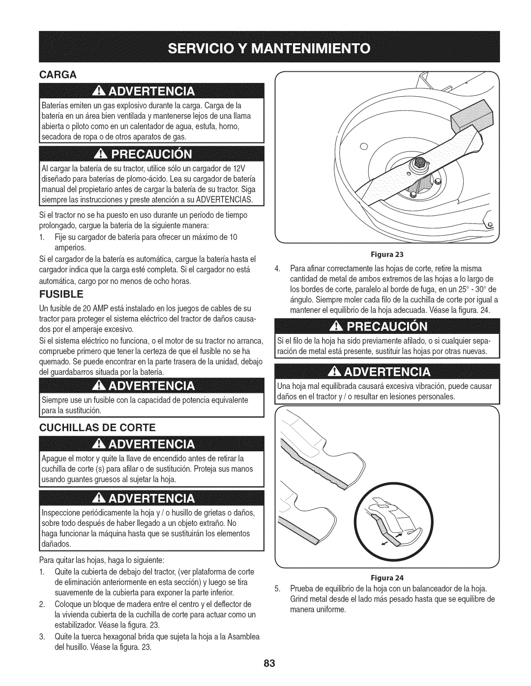 Craftsman 247.28902 manual Carga, Fusible, Cuchillas DE Corte 