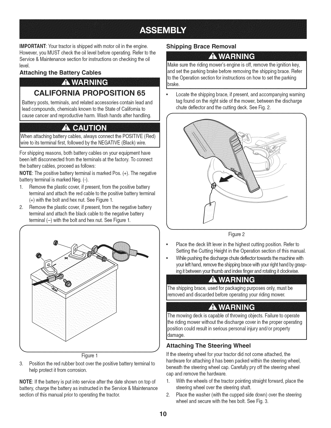 Craftsman 247.28902 manual California Proposition, Attaching the Battery Cables 