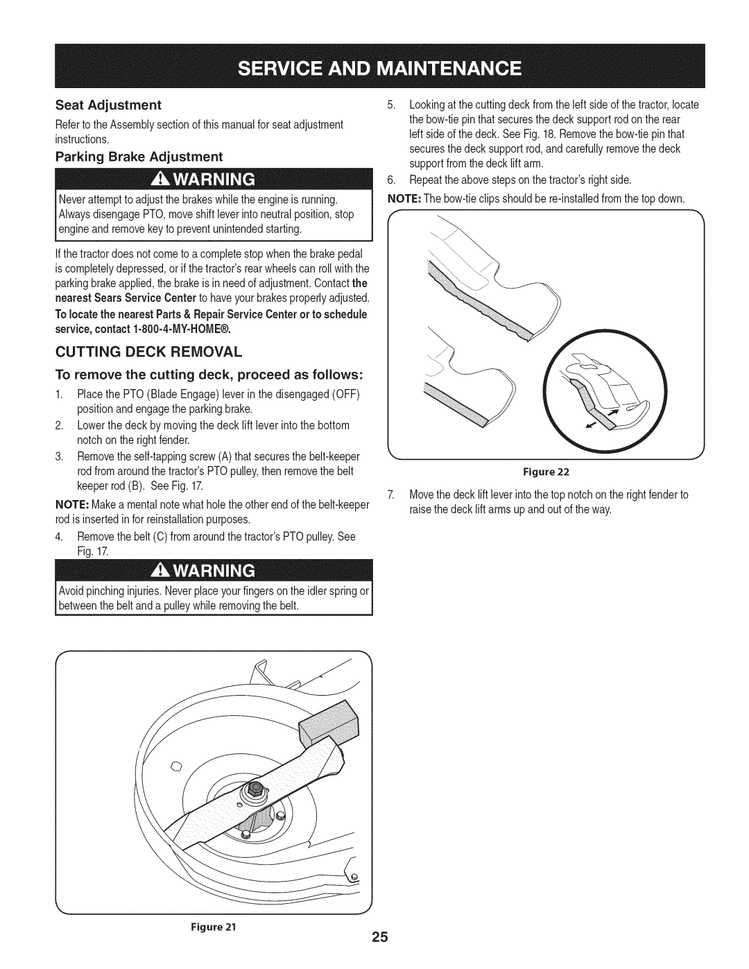 Craftsman 247.28902 manual Cutting Deck Removal, Seat Adjustment, Parking Brake Adjustment 