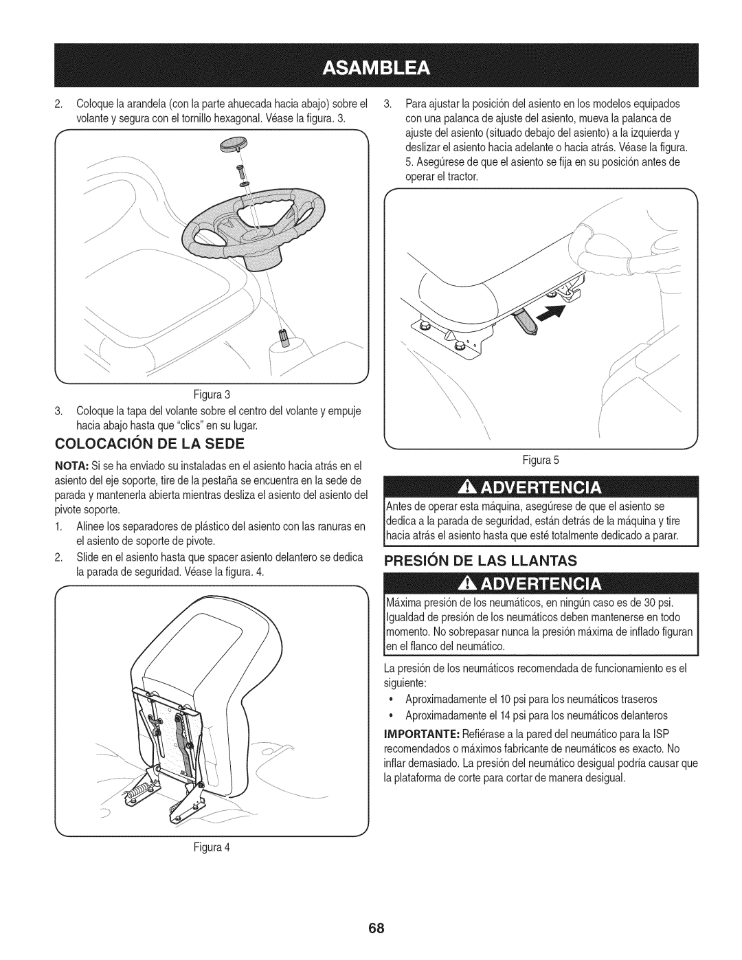 Craftsman 247.28902 manual COLOCACI6N DE LA SEDE, Presion De Las Llantas 