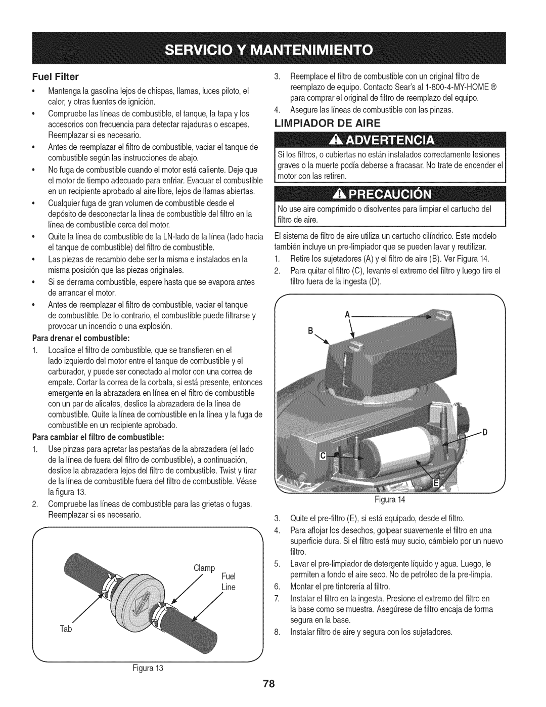 Craftsman 247.28902 manual Limpiador De Aire, Fuel Filter, Paradrenar el combustible, Paracambiarel filtro de combustible 