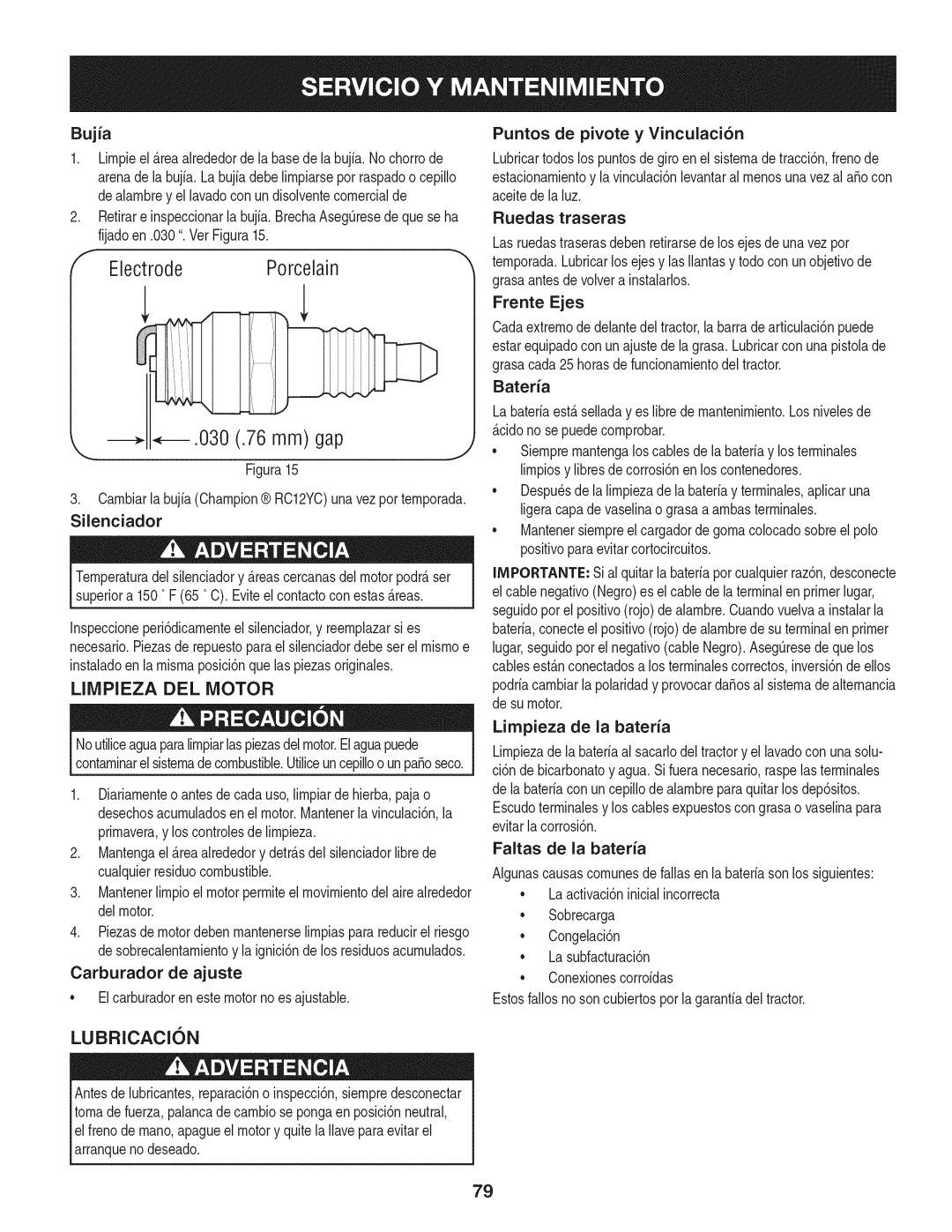Craftsman 247.28902 manual Electrode Porcelain, Bujia, 030 .76 mm gap, Limpieza Del Motor, Lubricacion, Bateria 