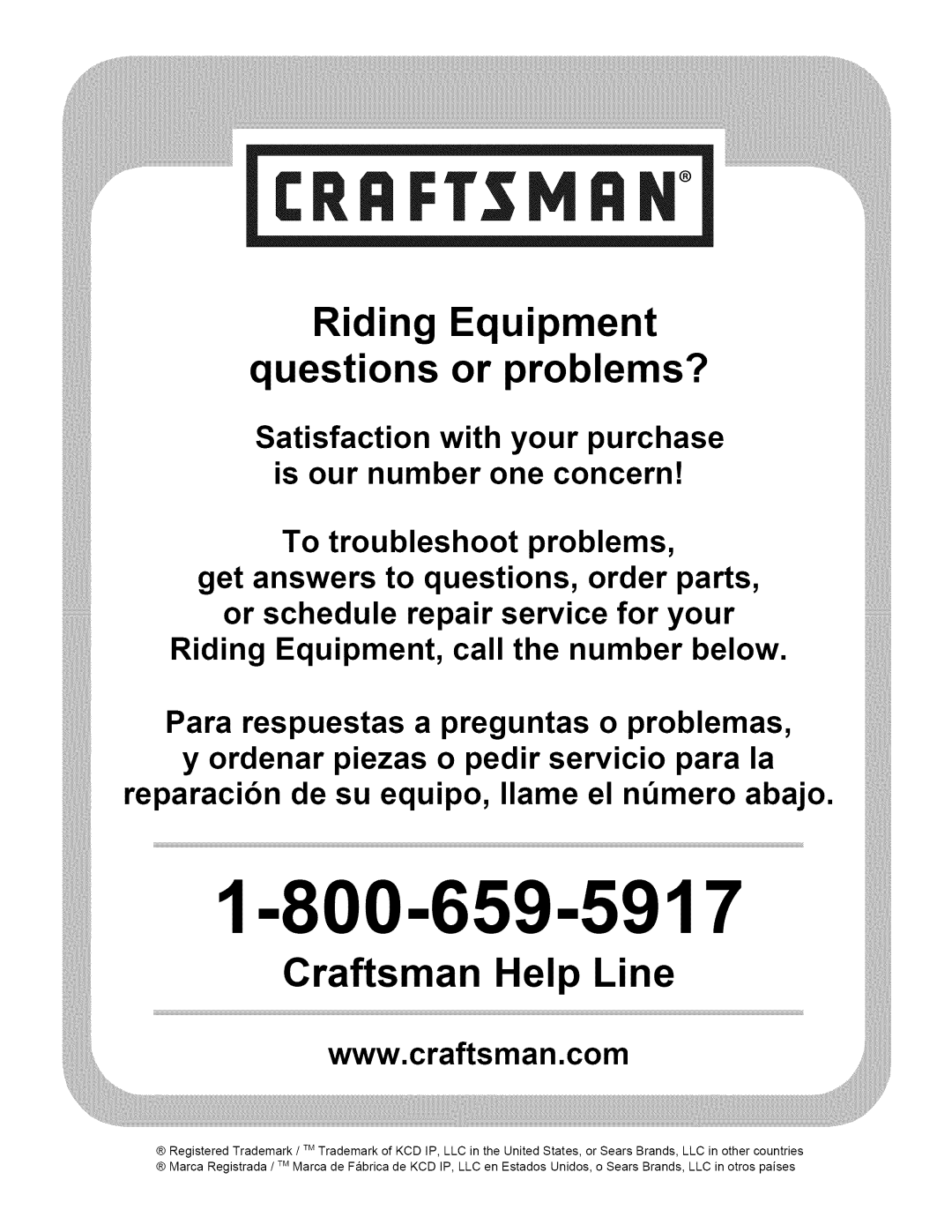 Craftsman 247.28902 manual 1-800-659-5917, Riding Equipment questions or problems?, Craftsman Help Line 