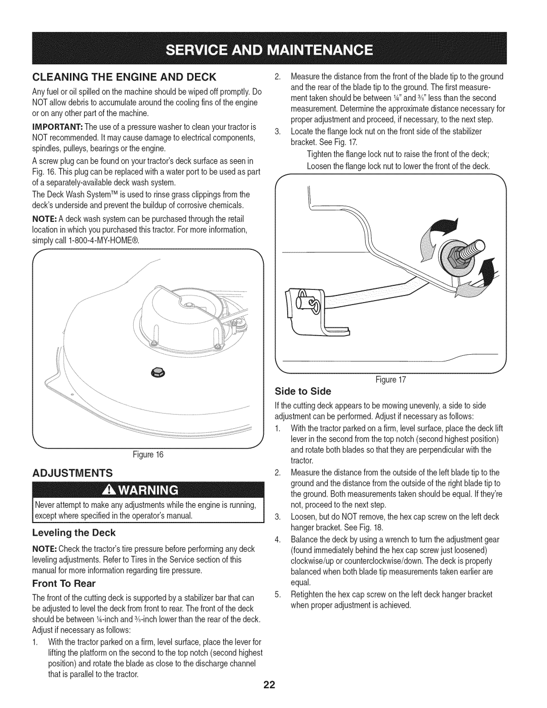 Craftsman 247.28905 manual Cleaning the Engine and Deck, Adjustments, Leveling the Deck 