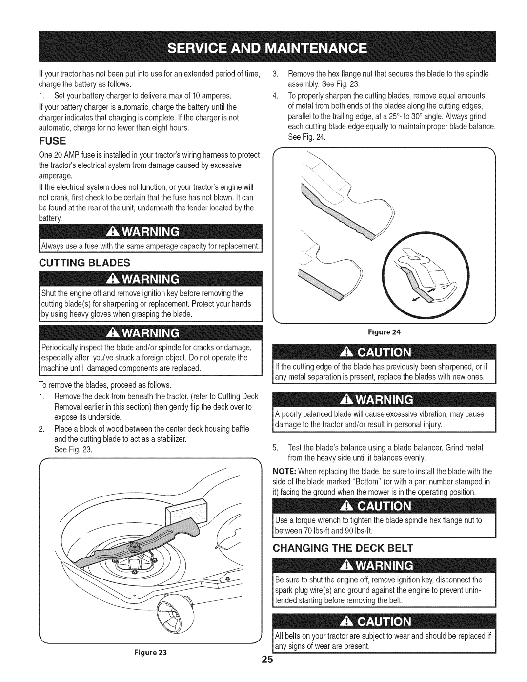 Craftsman 247.28905 manual Fuse, Cutting Blades, Changing the Deck Belt, SeeFig 