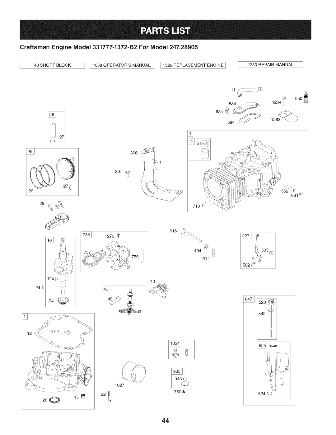 Craftsman 247.28905 manual 8471, Craftsman Engine IViodel 331777=1372=B2 For IViodel 