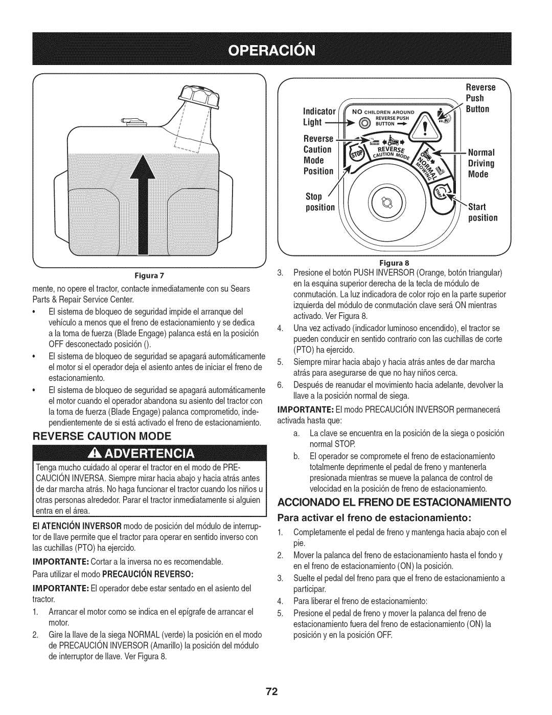 Craftsman 247.28905 manual Reverse Caution Mode, ACClONADO EL Freno DE ESTAClONAMIENTO, Light, Position Stop 