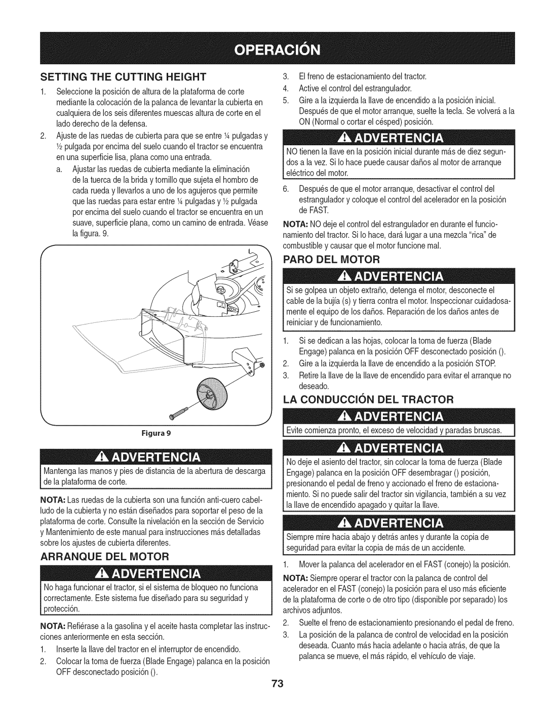 Craftsman 247.28905 manual Setting the Cutting Height, Paro DEL Motor, LA Conduccion DEL Tractor, Arranque DEL Motor 