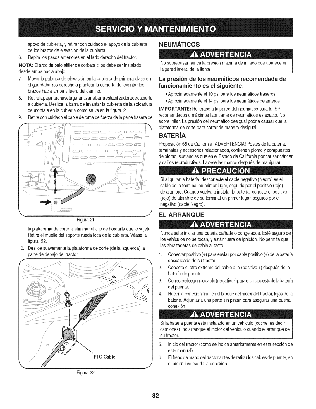 Craftsman 247.28905 manual NEUiVlATICOS, BATERiA, EL Arranque, La presi6n de Los 