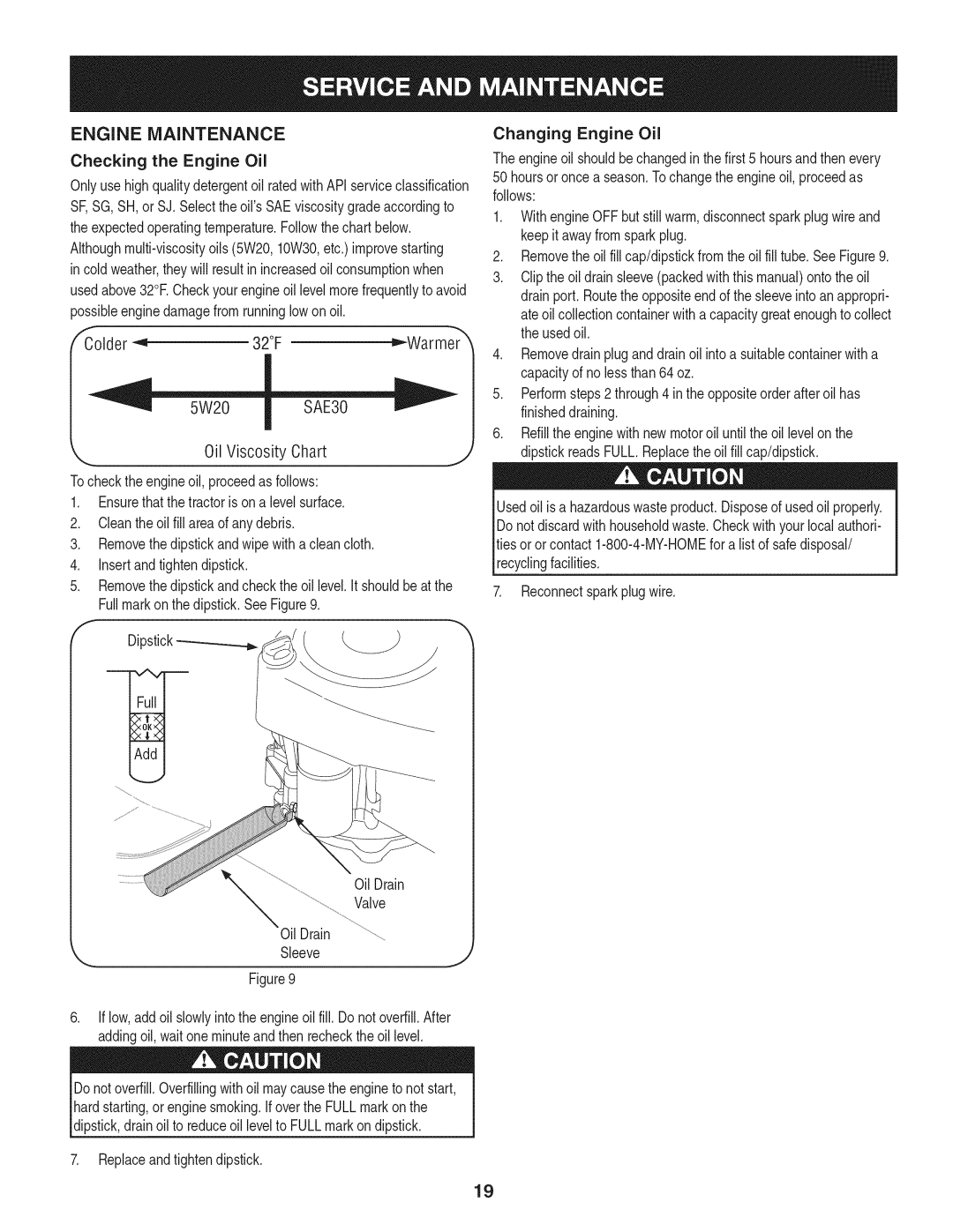 Craftsman 247.28911 manual Engine Maintenance, Checking the Engine Oil 