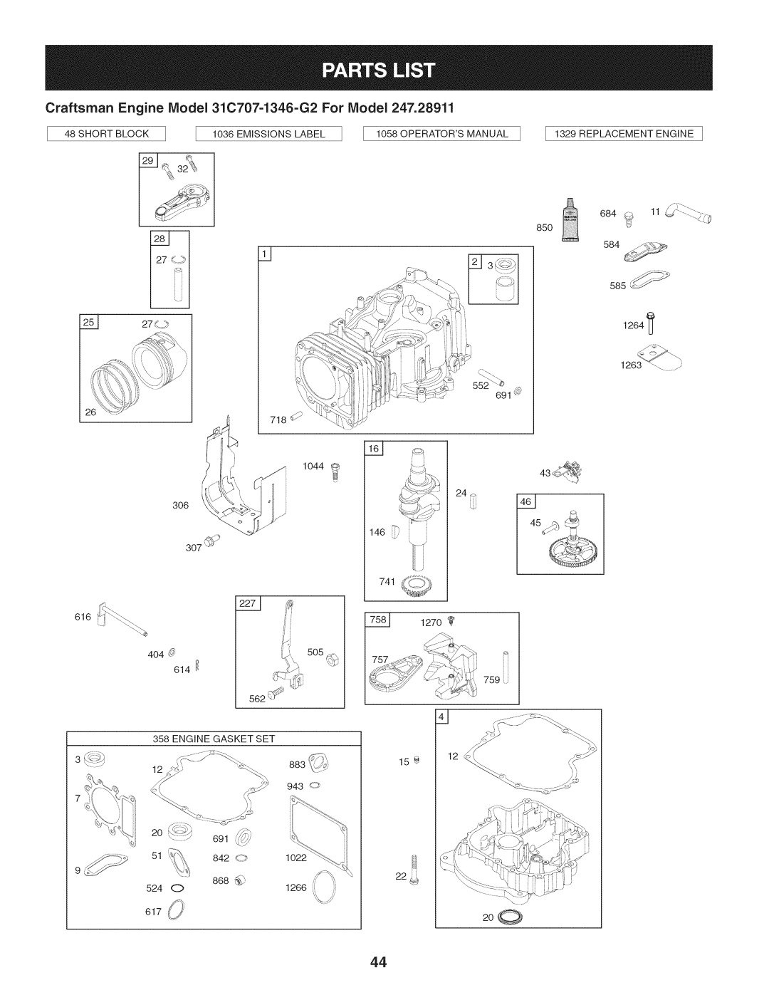 Craftsman 247.28911 manual Craftsman Engine IViodel 31C707=1346=G2 For IViodel 