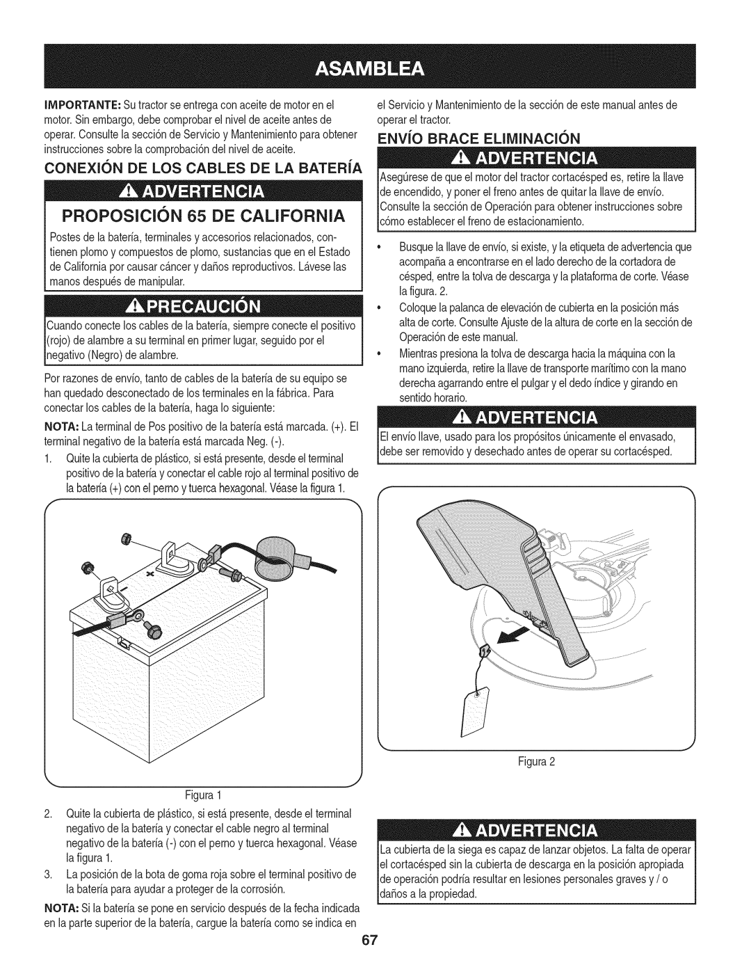 Craftsman 247.28911 manual Conexion DE LOS Cables DE LA Bateria, ENVlO Brace ELllVIINACICN 