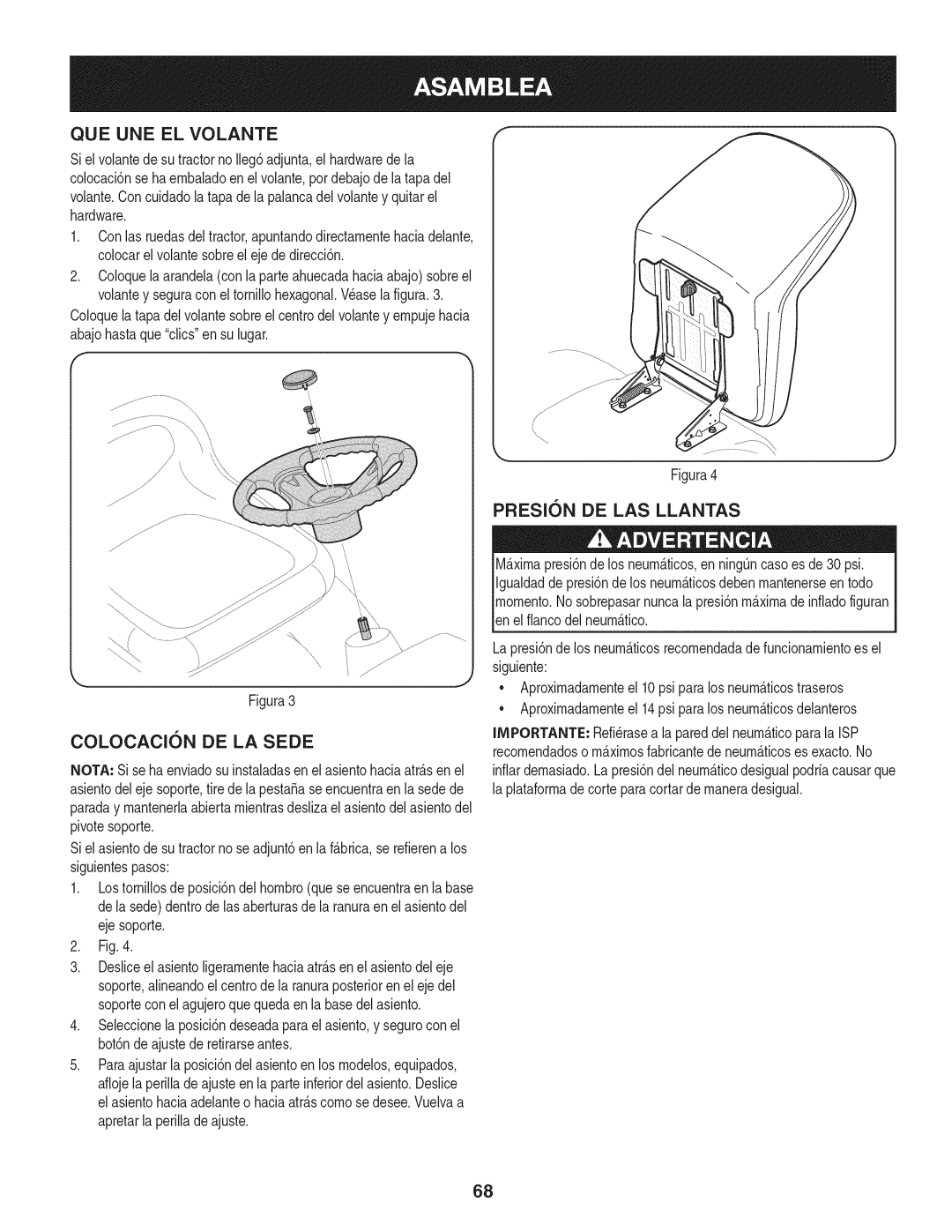 Craftsman 247.28911 manual QUE UNE EL Volante, PRESlON DE LAS Llantas, Colocacion DE LA Sede 