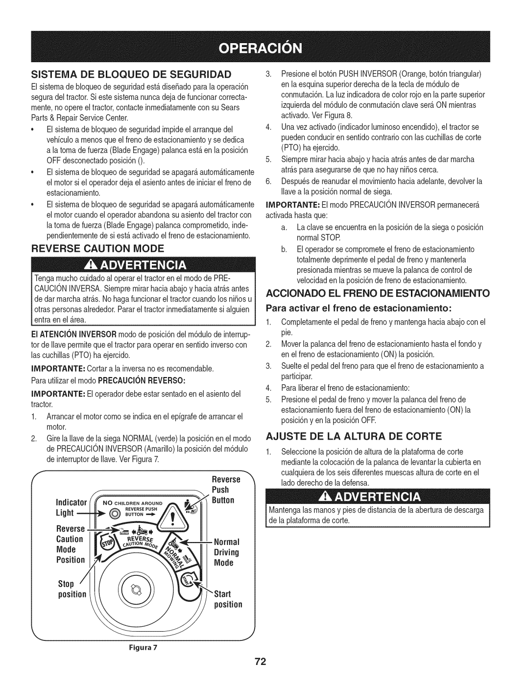 Craftsman 247.28911 manual Sistema DE Bloqueo DE Seguridad, Reverse Caution Mode, Accionado EL Freno DE Estacionamiento 