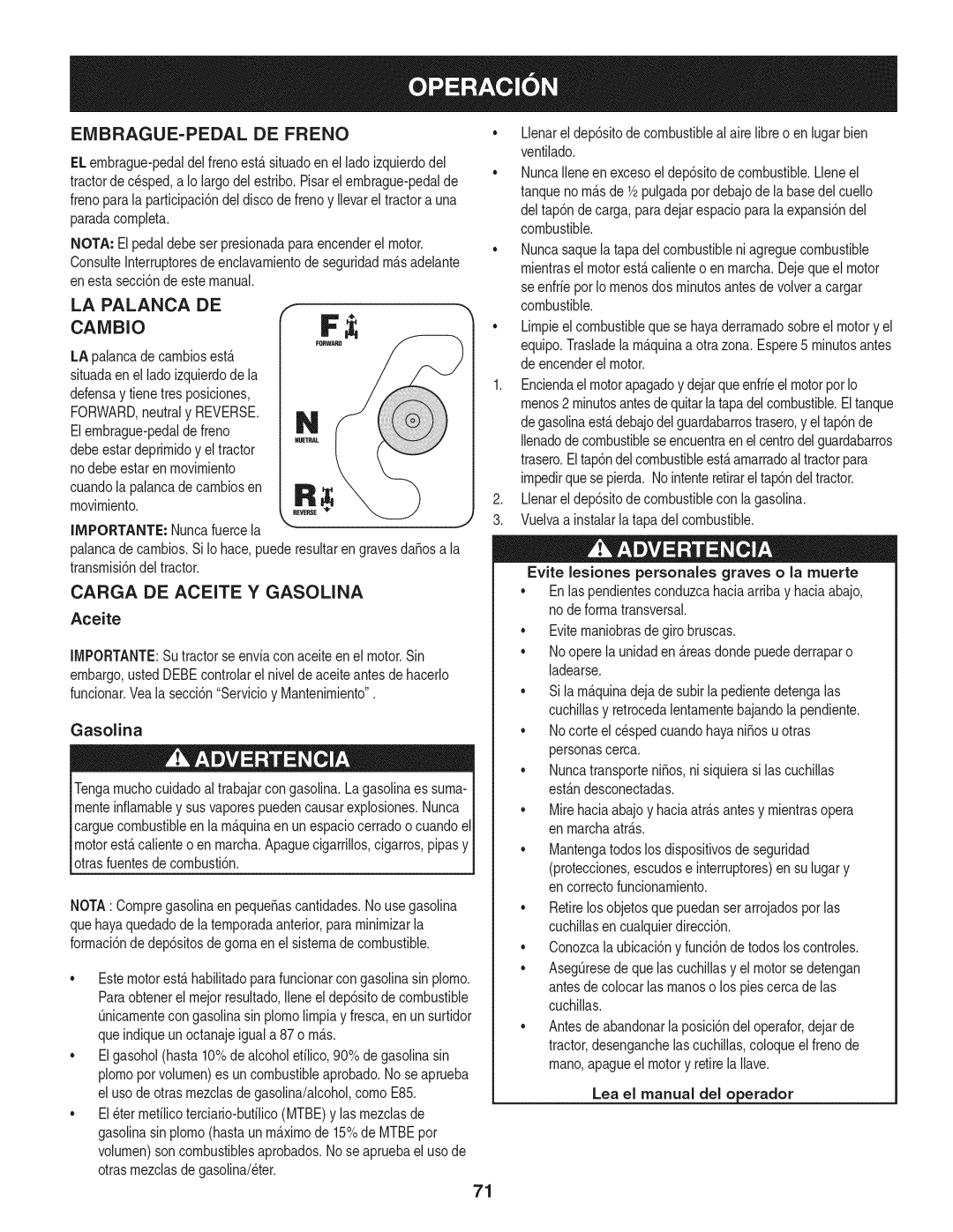 Craftsman 247.28919 LA Palanca DE, Carga DE Aceite Y Gasolina, Lea el manual del o erador 