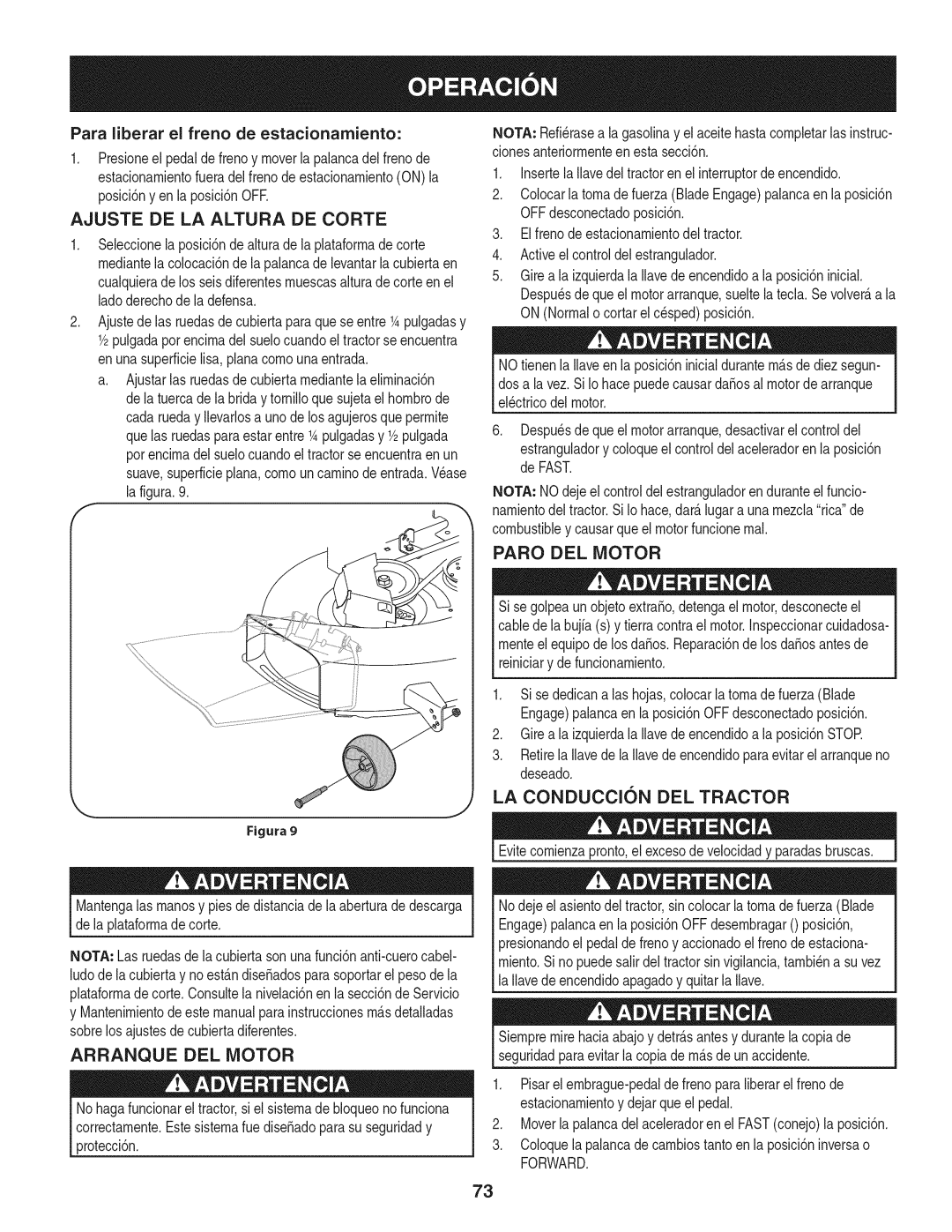 Craftsman 247.28919 manual Ajuste DE LA Altura DE Corte, Paro DEL Motor, LA Conduccion DEL Tractor, Arranque DEL Motor 