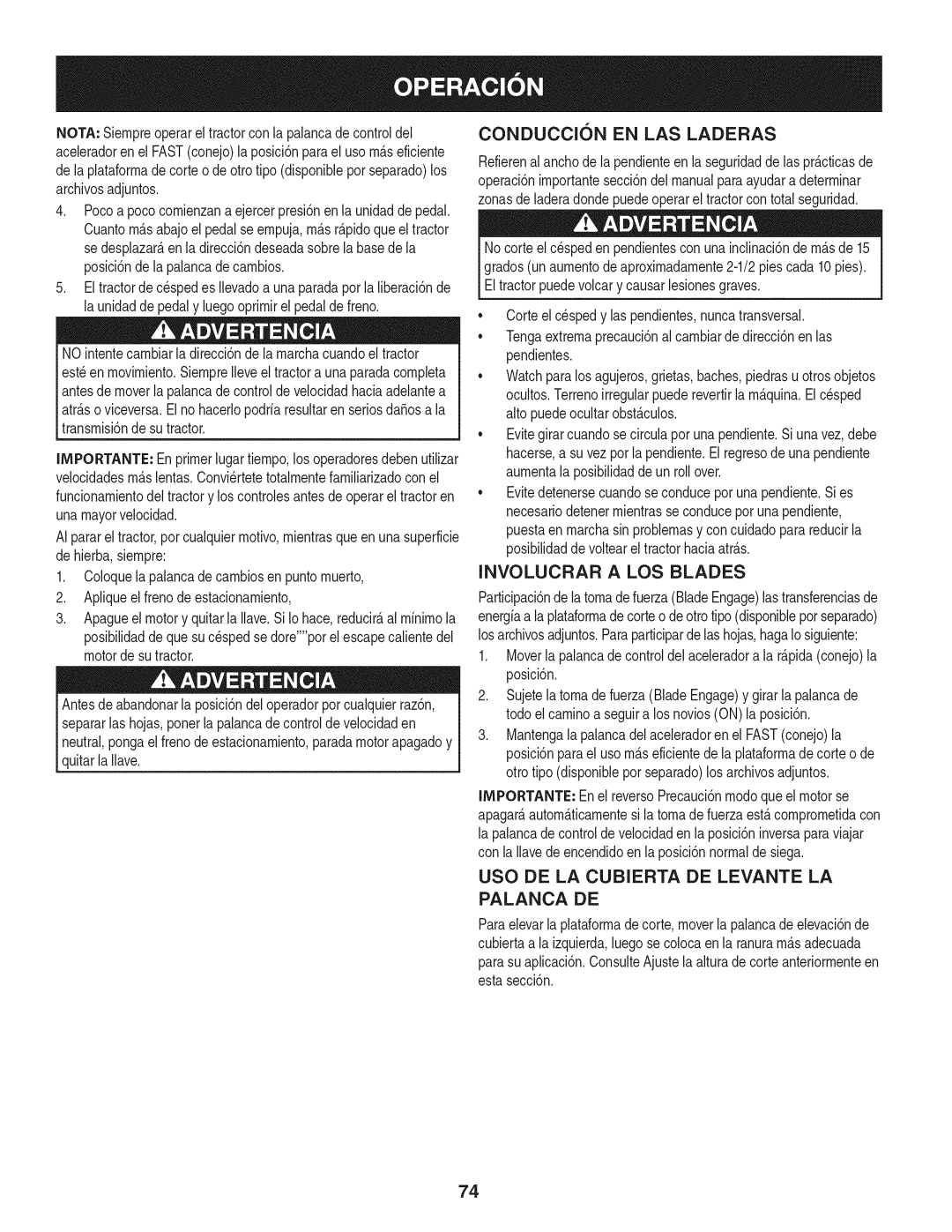 Craftsman 247.28919 manual Conduccicn EN LAS Laderas, Involucrar a LOS Blades, USO DE LA Cubierta DE Levante LA Palanca DE 