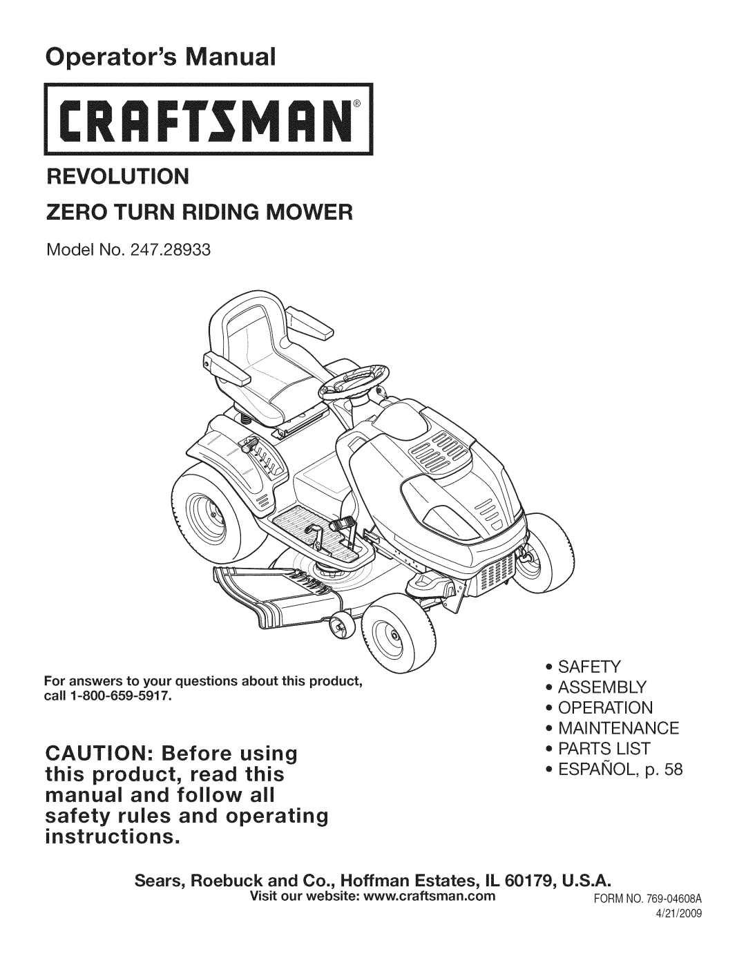 Craftsman 247.28933 manual Model No Safety, ESPANOL, p, Sears, Roebuck and Co., Hoffman Estates, IL 60179, U.S.A 