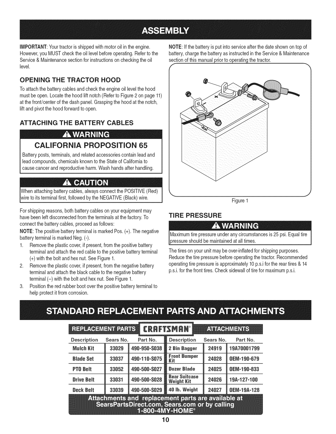 Craftsman 247.28933 Opening the Tractor Hood, Attaching the Battery Cables, Tire Pressure, Sectionof thismanualthe Tractor 