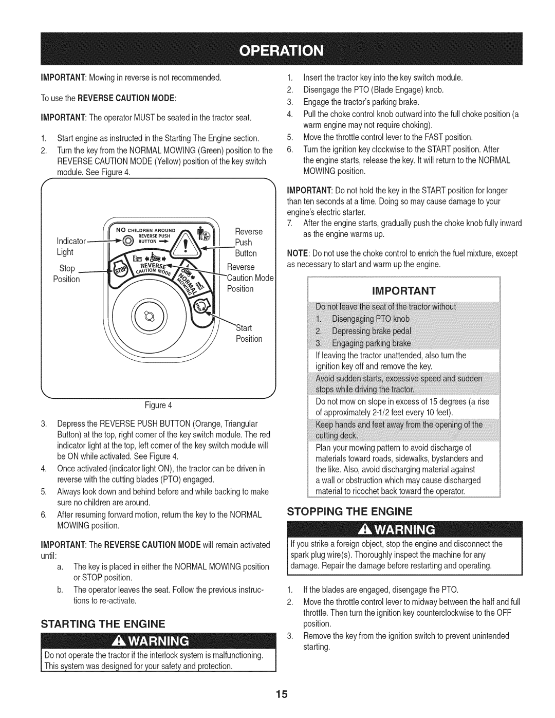 Craftsman 247.28933 manual Starting the Engine 