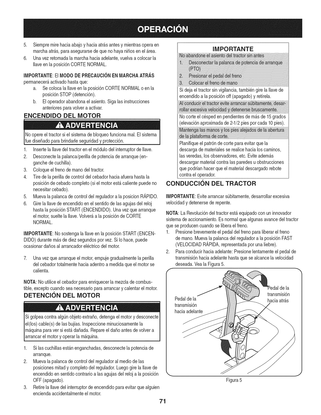 Craftsman 247.28933 manual Encendido DEL Motor 