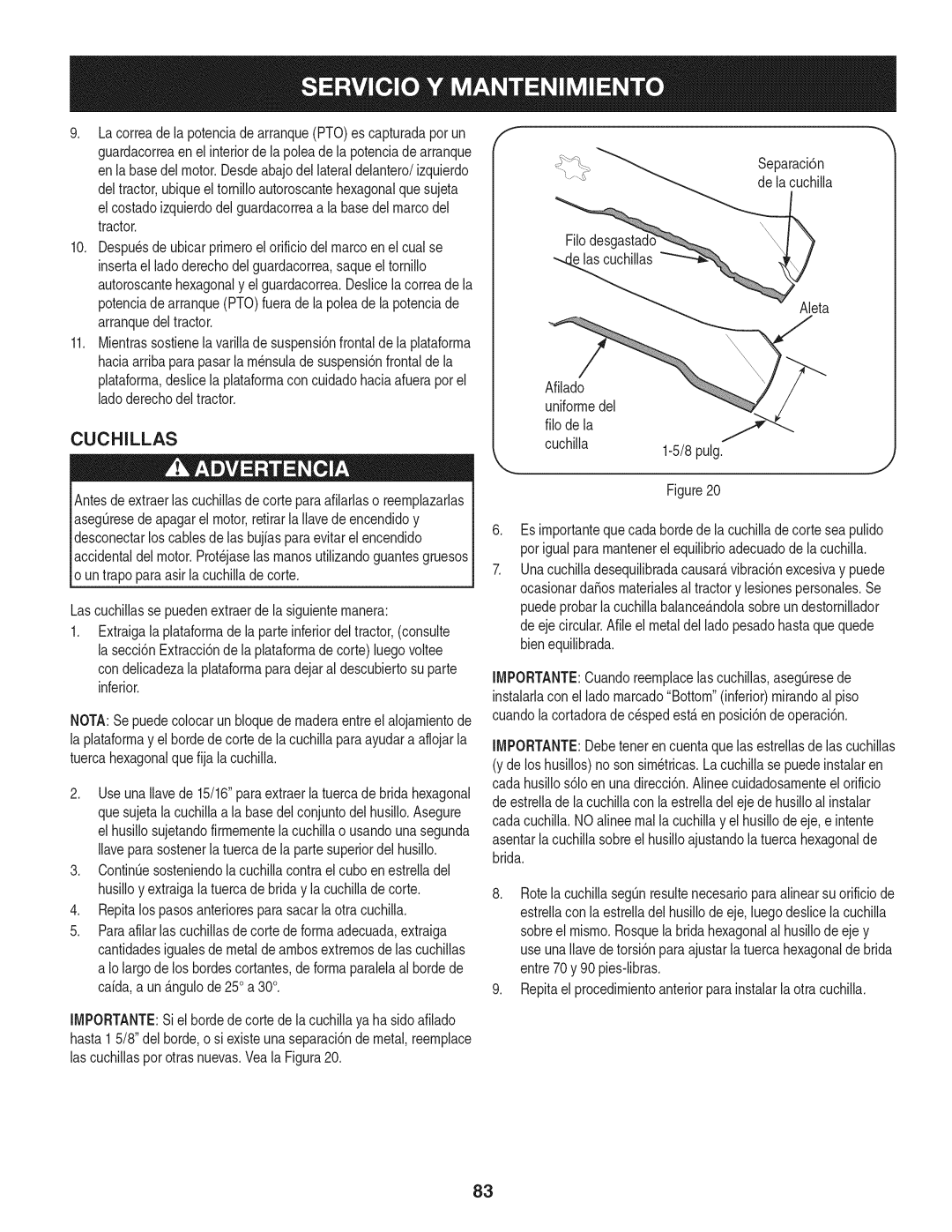 Craftsman 247.28933 manual Cuchillas 