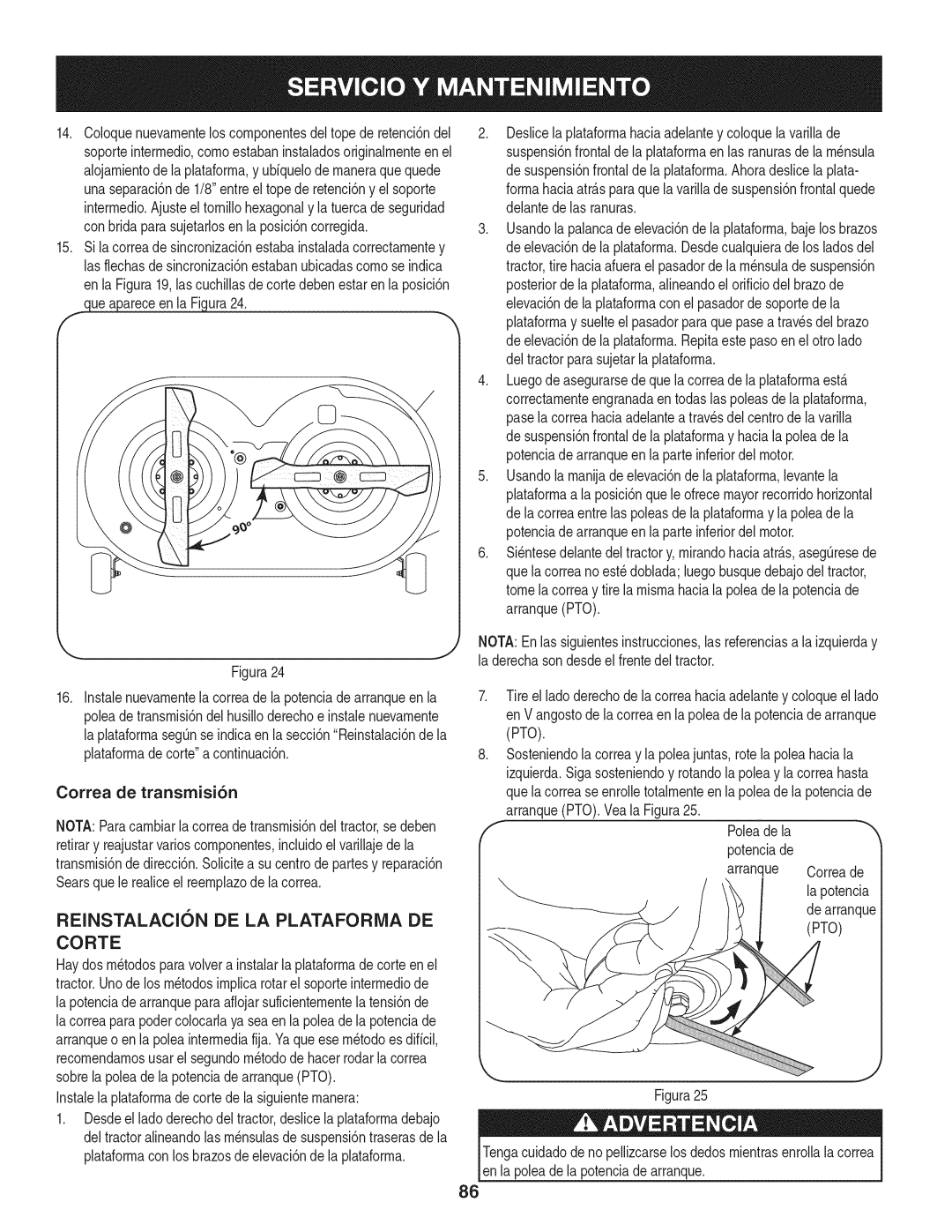 Craftsman 247.28933 manual Reinstalacion DE LA Plataforma DE Corte 