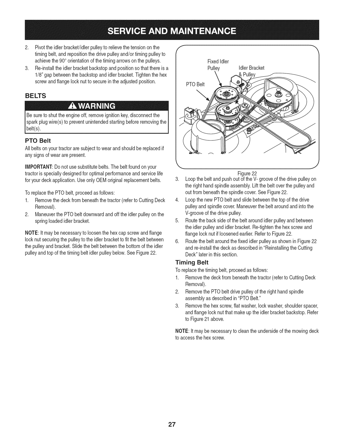 Craftsman 247.28933 manual Belts, Timing Belt 