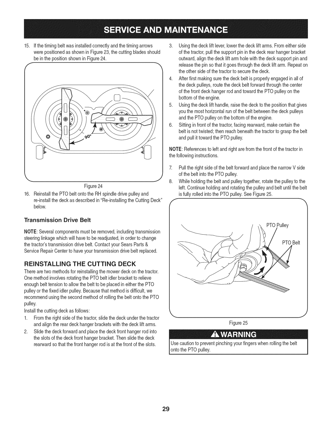 Craftsman 247.28933 manual Reinstalling the Cutting Deck, PTOPulley PTOBelt, Installthecuttingdeckas follows 