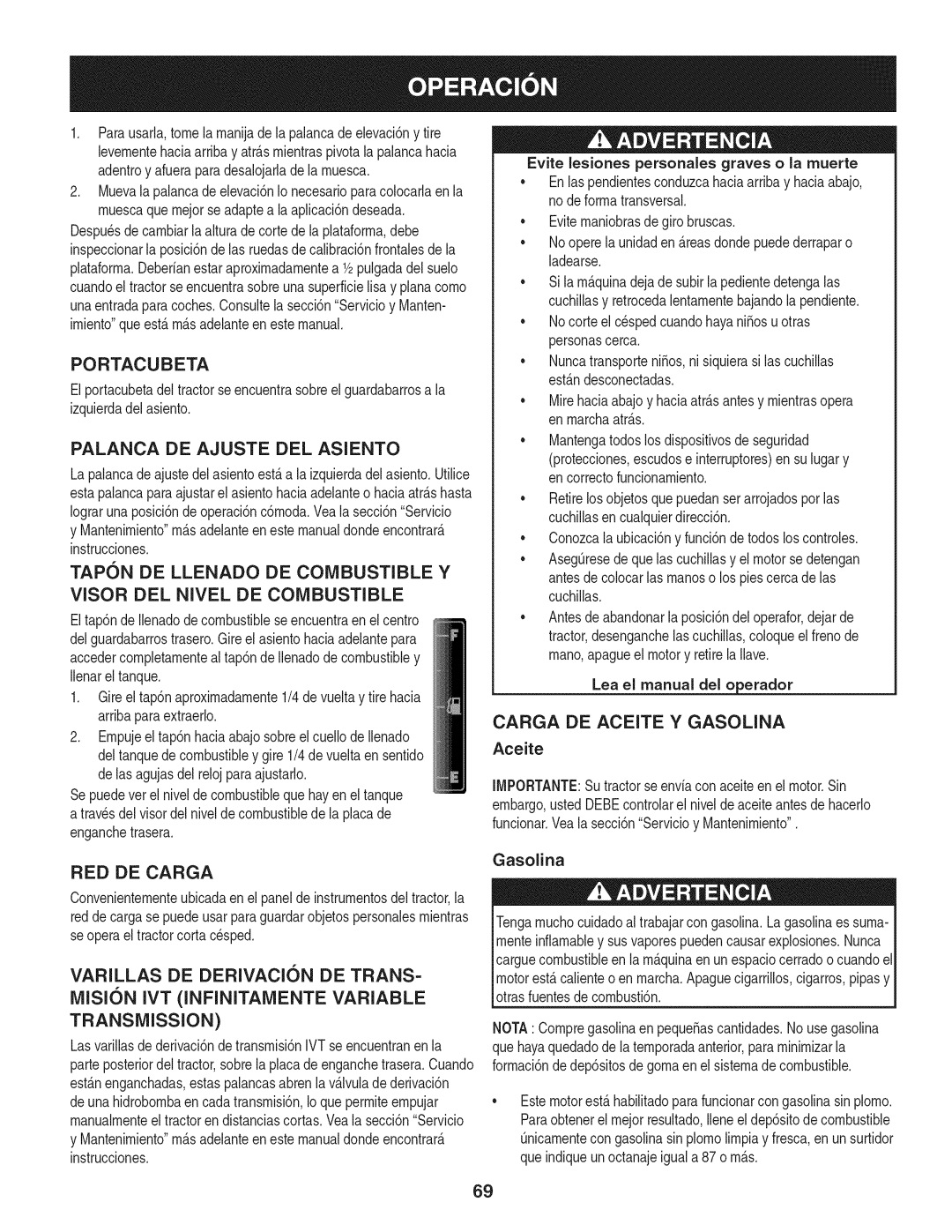 Craftsman 247.28933 manual Portacubeta, Palanca DE Ajuste DEL Asiento, Visor DEL Nivel DE Combustible 