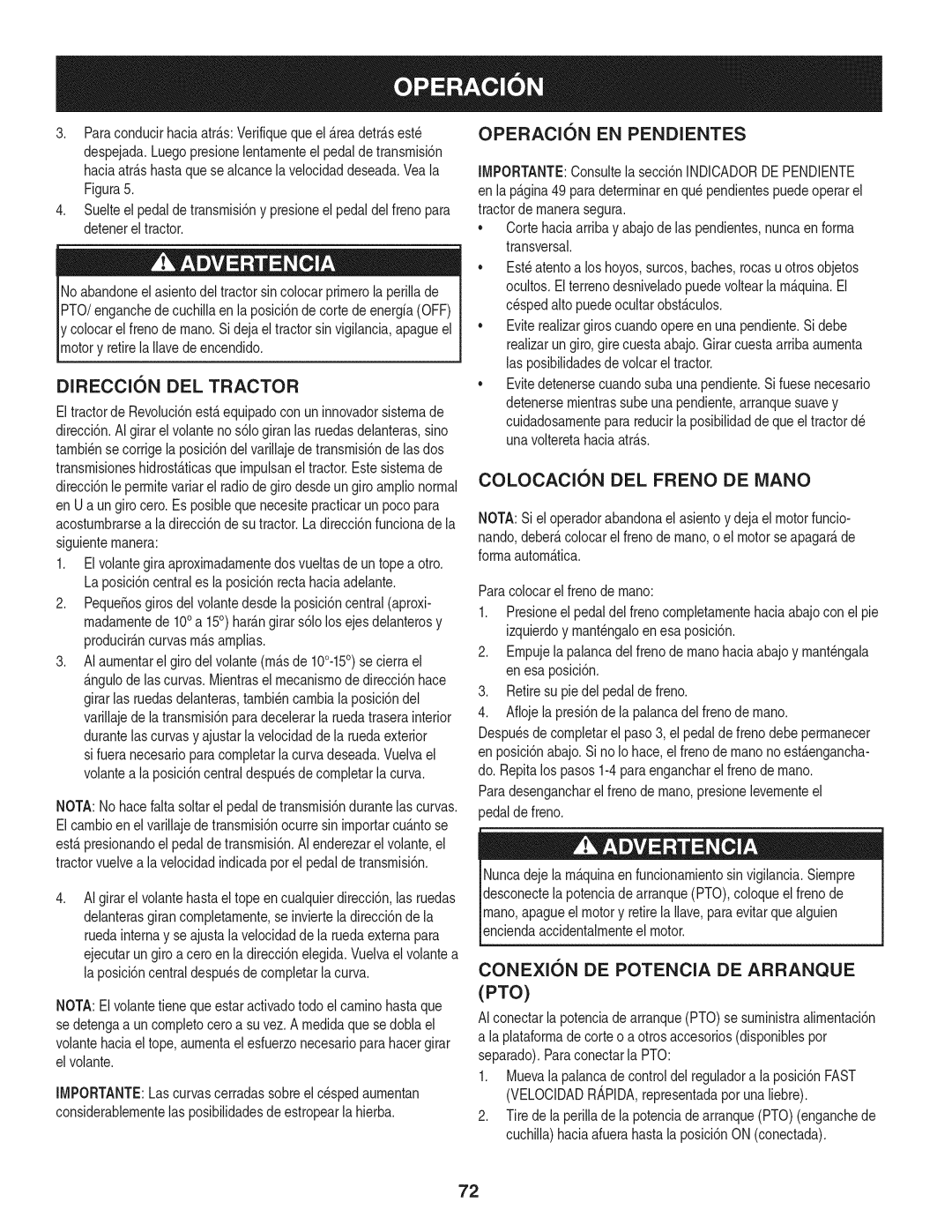 Craftsman 247.28933 Detenereltractor, Direccksn DEL Tractor, Operacisn EN Pendientes, Conexisn DE Potencia DE Arranque PTO 