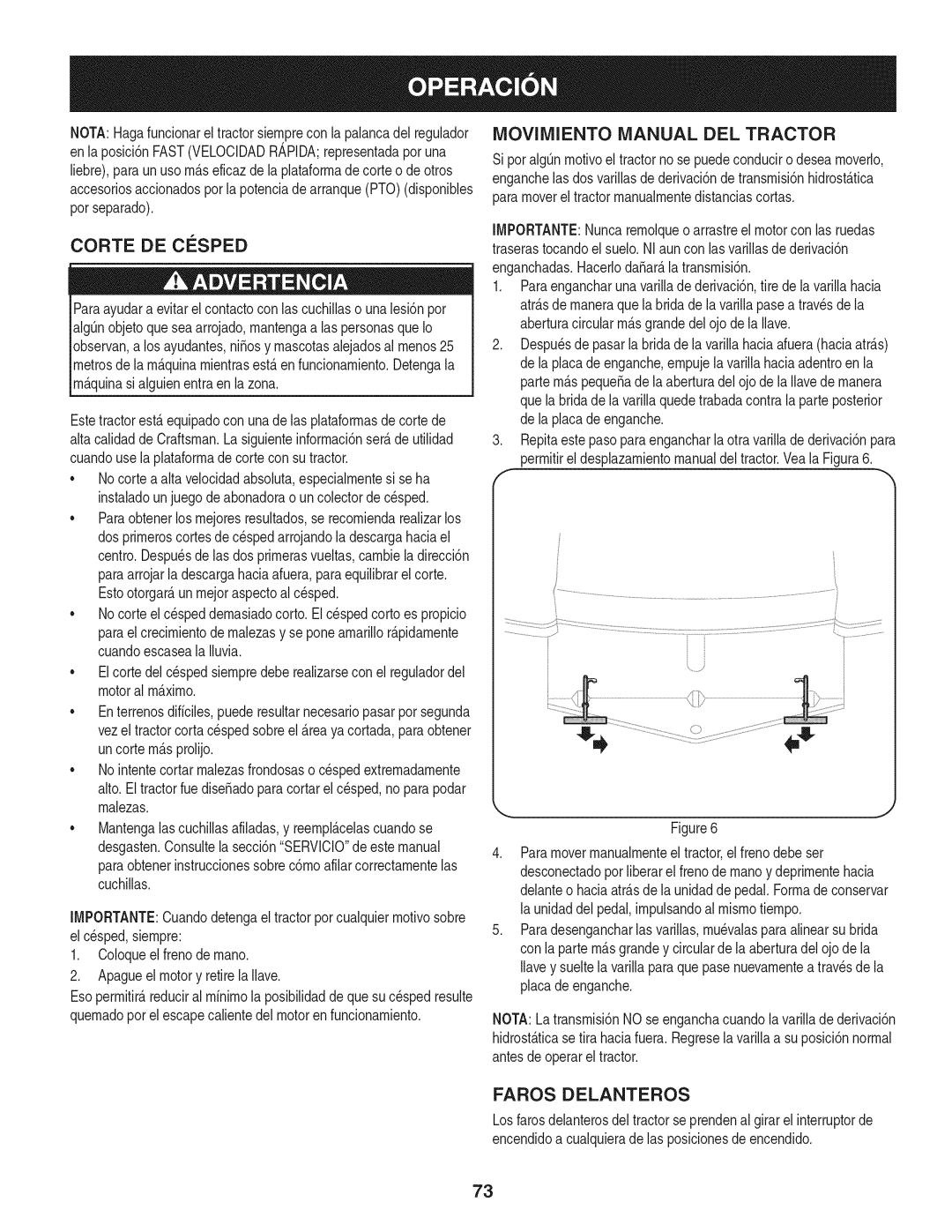 Craftsman 247.28933 manual Corte DE Cesped, Movimiento Manual DEL Tractor, Faros Delanteros 