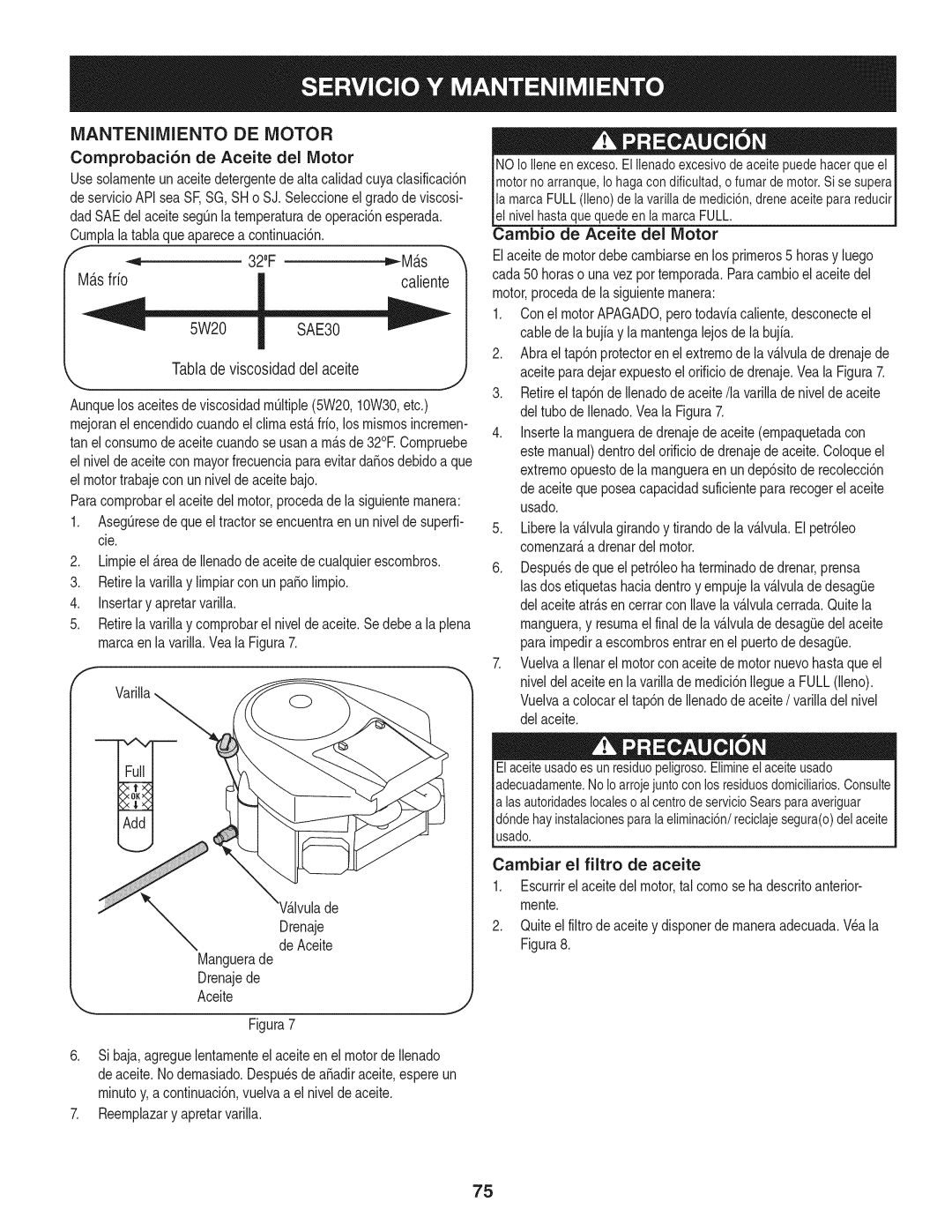 Craftsman 247.28933 manual Mantenimiento DE Motor, Comprobaci6n de Aceite del Motor, Tabla de viscosidad del aceite 