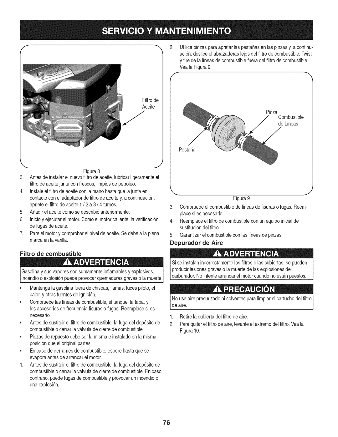 Craftsman 247.28933 manual Veala Figura9 Filtrode Aceite Pinza, De Lineas, Pestaa 