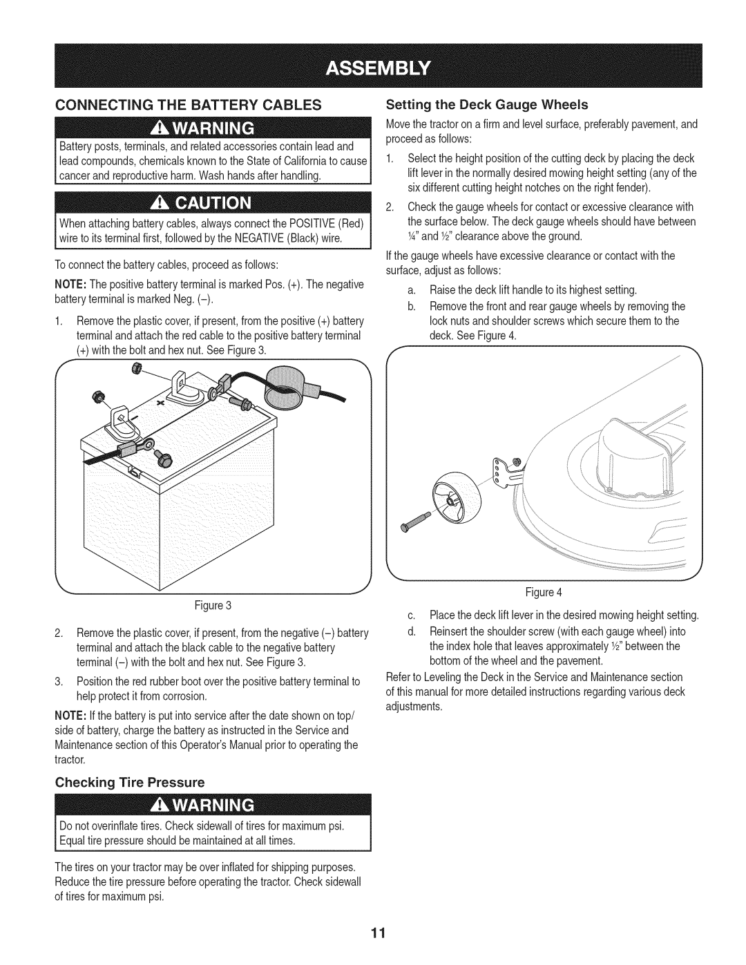 Craftsman 247.28980 manual Connecting the Battery Cables, Toconnectthe batterycables,proceedas follows, Deck. SeeFigure4 