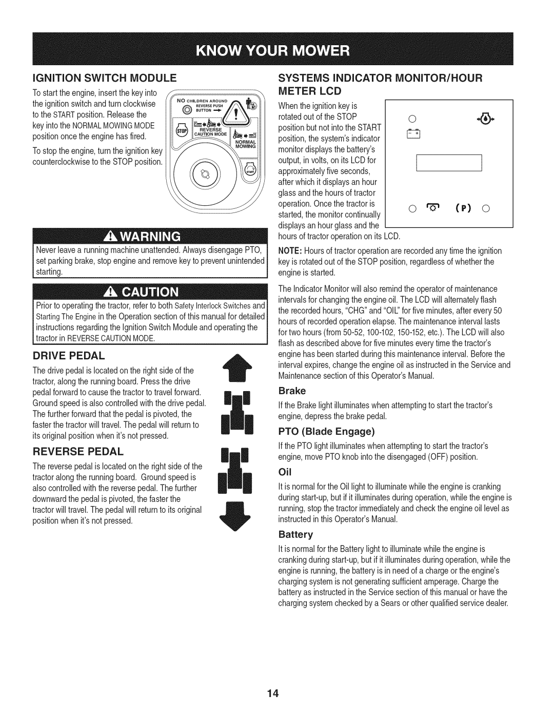 Craftsman 247.28980 Systems Indicator MONITOR/HOUR, Meter LCD, Drive Pedal, Reverse Pedal, TractorinREVERSECAUTONMODE.j 