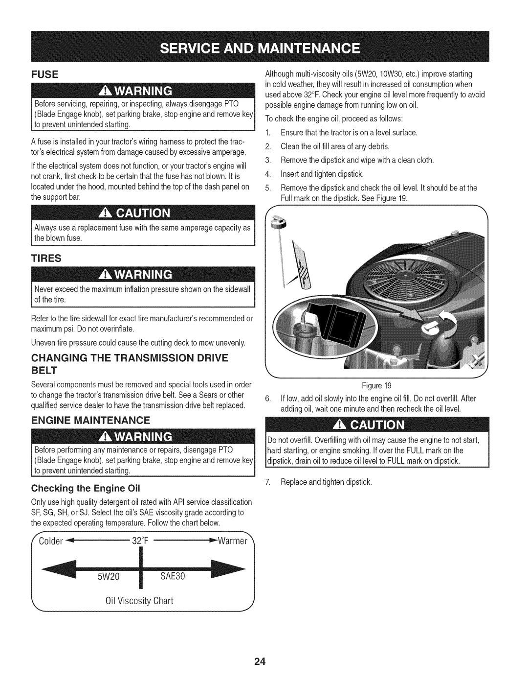 Craftsman 247.28980 manual Fuse, Tires, Changing the Transmission Drive, Belt, Engine Maintenance 