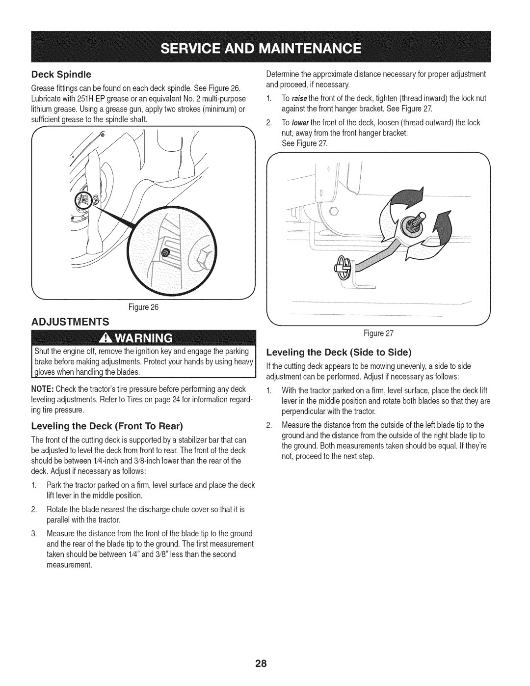 Craftsman 247.28980 manual Adjustments, Deck Spindle, Leveling the Deck Front To Rear 