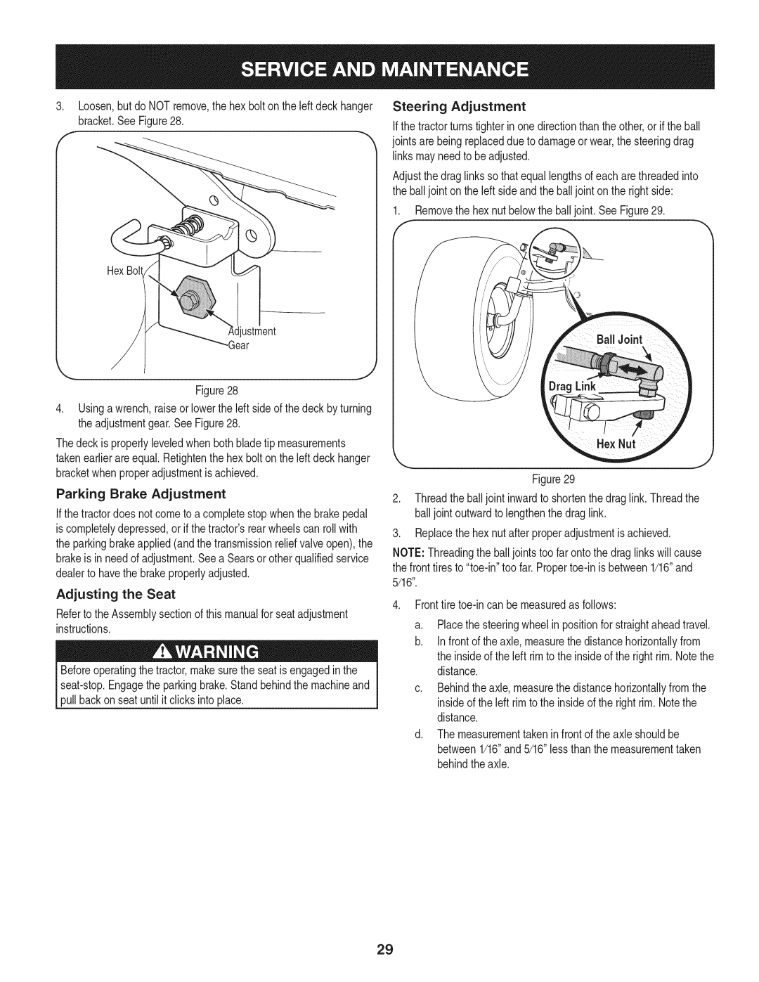 Craftsman 247.28980 manual Steering Adjustment, Removethe hexnut belowthe balljoint. SeeFigure29 