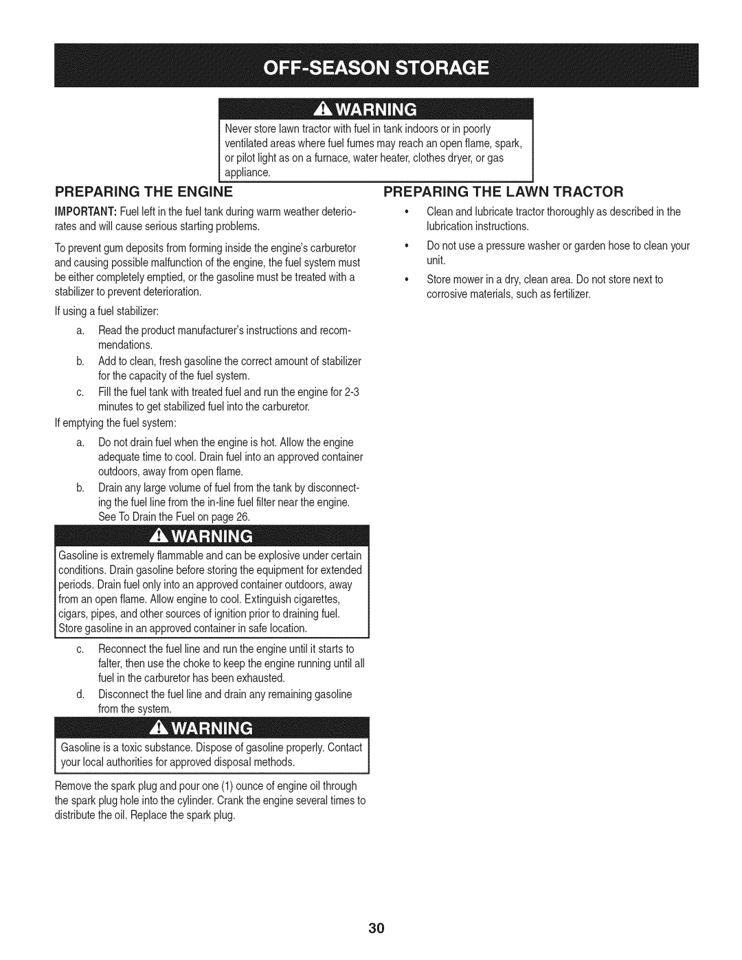 Craftsman 247.28980 manual Preparing the Engine, Preparing the Lawn Tractor 