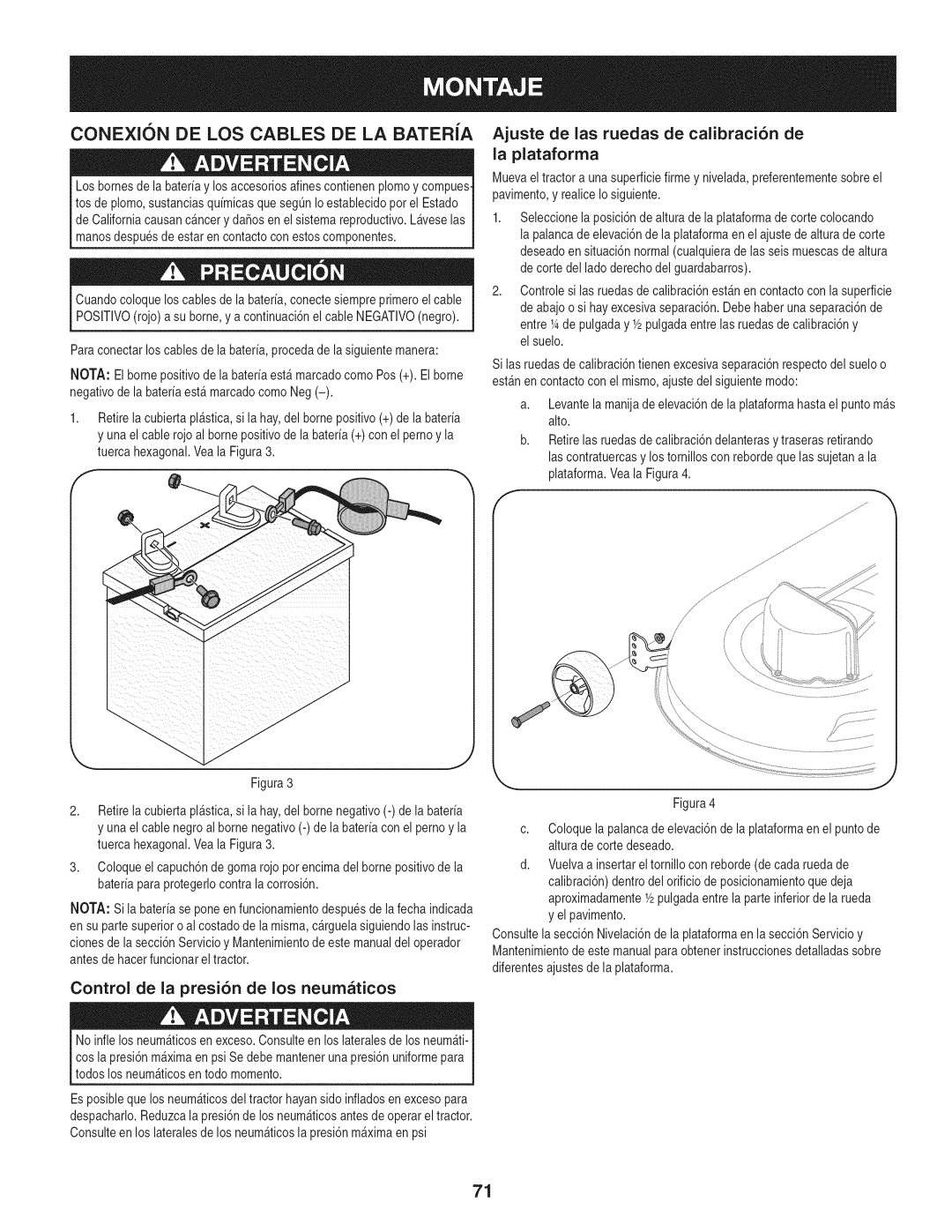 Craftsman 247.28980 manual La plataforma, Control de la presi6n de los neumaticos 