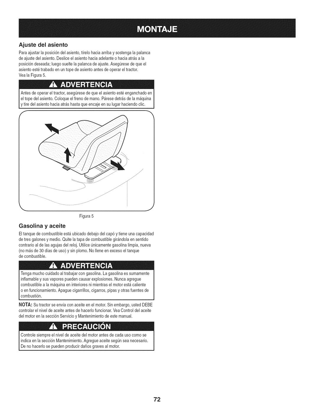 Craftsman 247.28980 manual Ajuste del asiento, Gasolina y aceite 