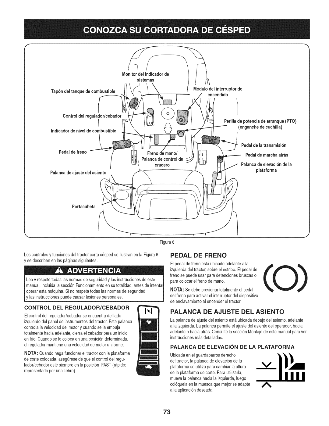 Craftsman 247.28980 manual Pedal DE Freno, Palanca DE Ajuste DEL Asiento 