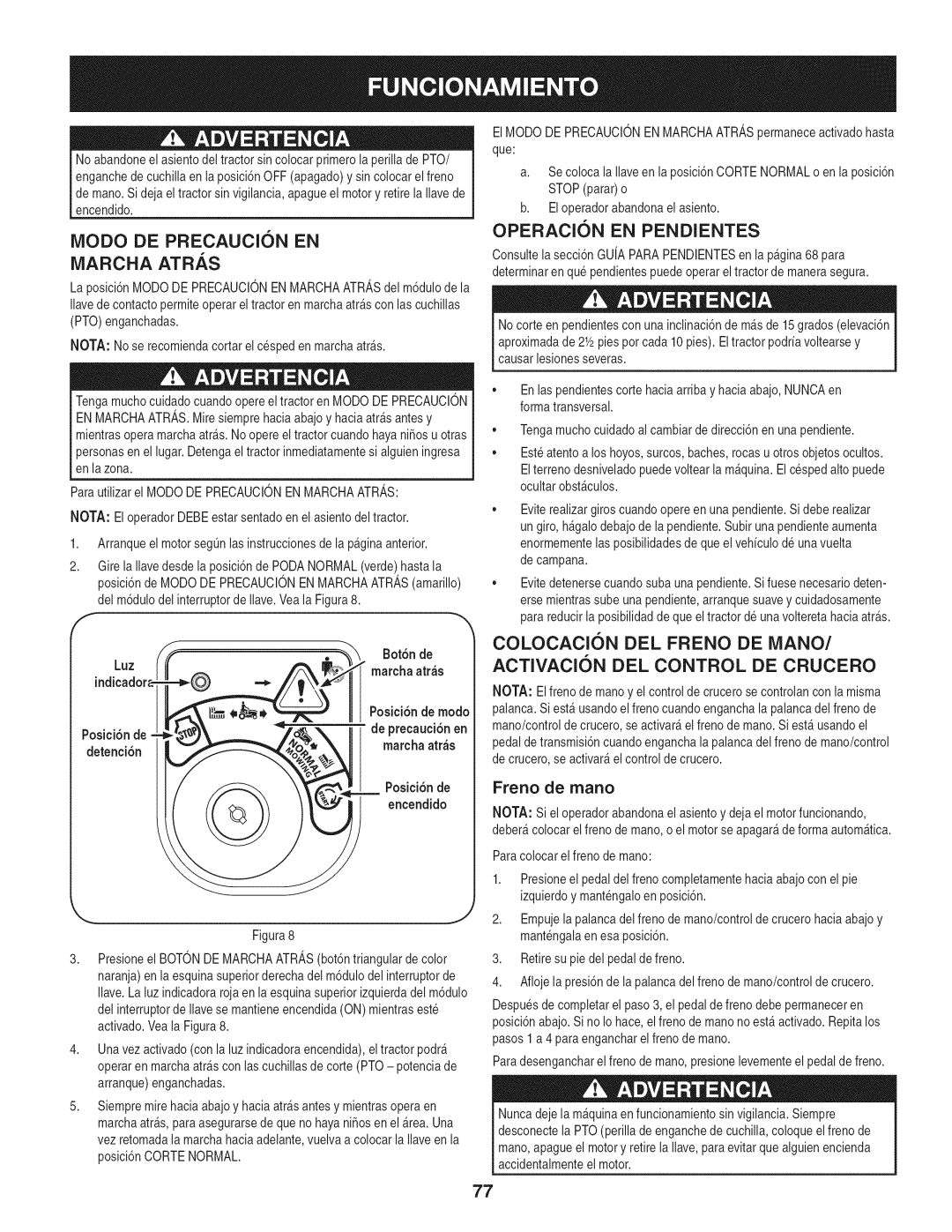 Craftsman 247.28980 manual Modo DE Precaucion EN, Marcha Atras, Operacion EN Pendientes, Colocacion DEL Freno DE Mano 