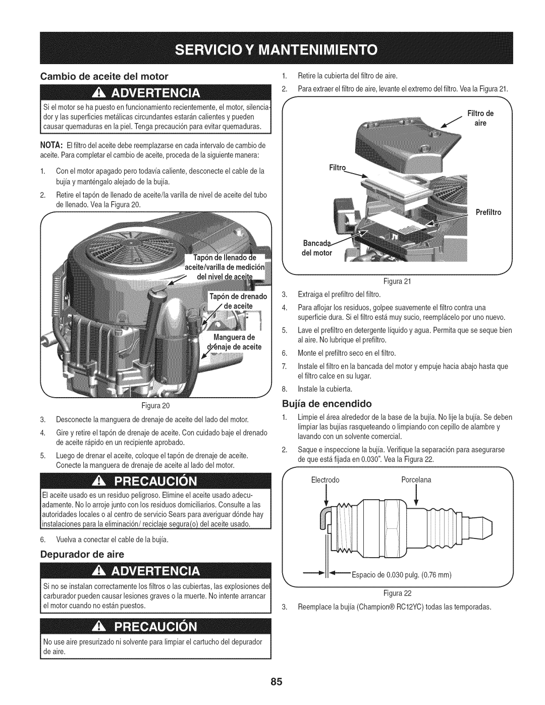 Craftsman 247.28980 manual Cambio de aceite del motor, Bujia de encendido, Depurador de aire 