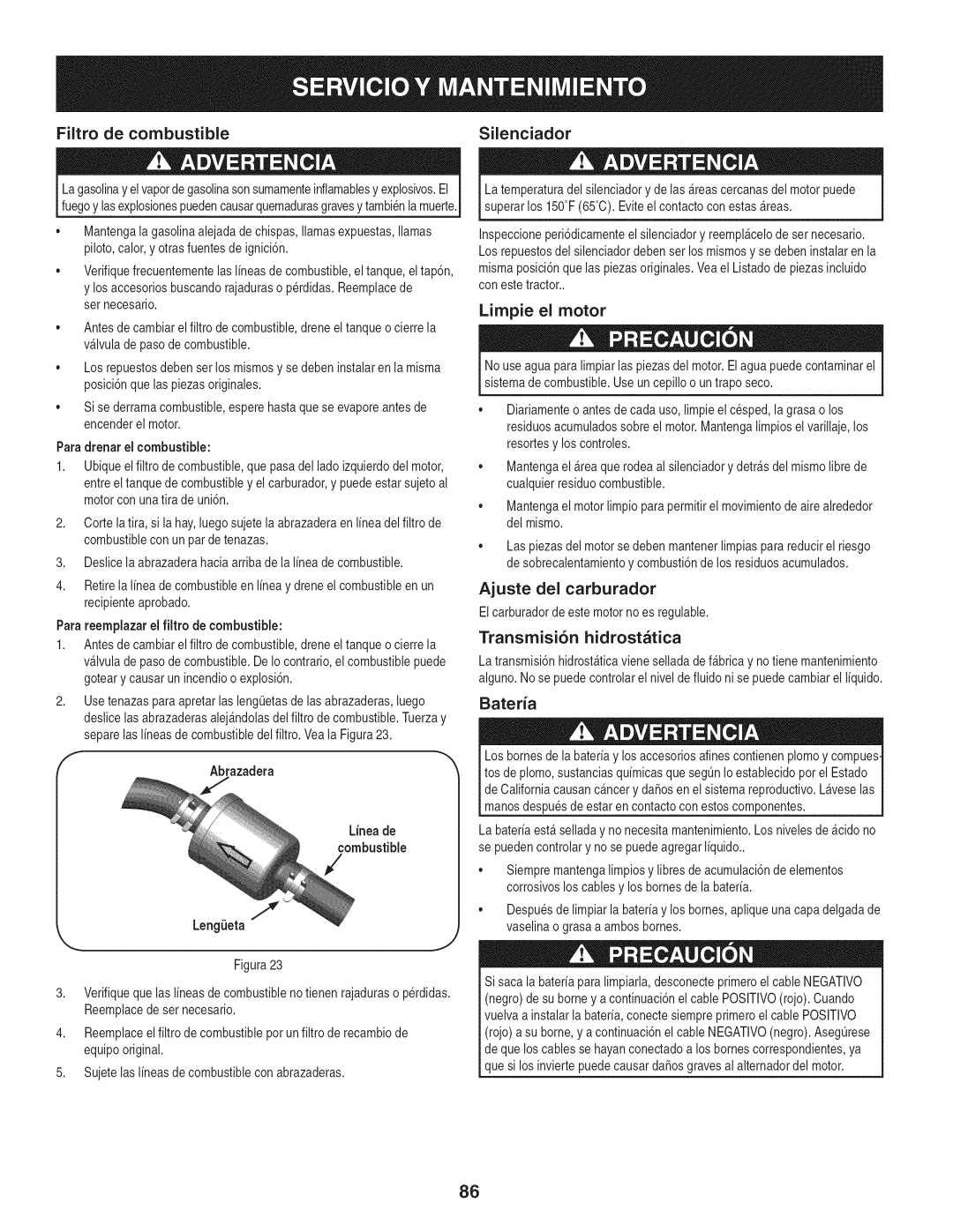 Craftsman 247.28980 Filtro de combustible Silenciador, Limpie el motor, Ajuste del carburador, Transmisi6n hidrostatica 