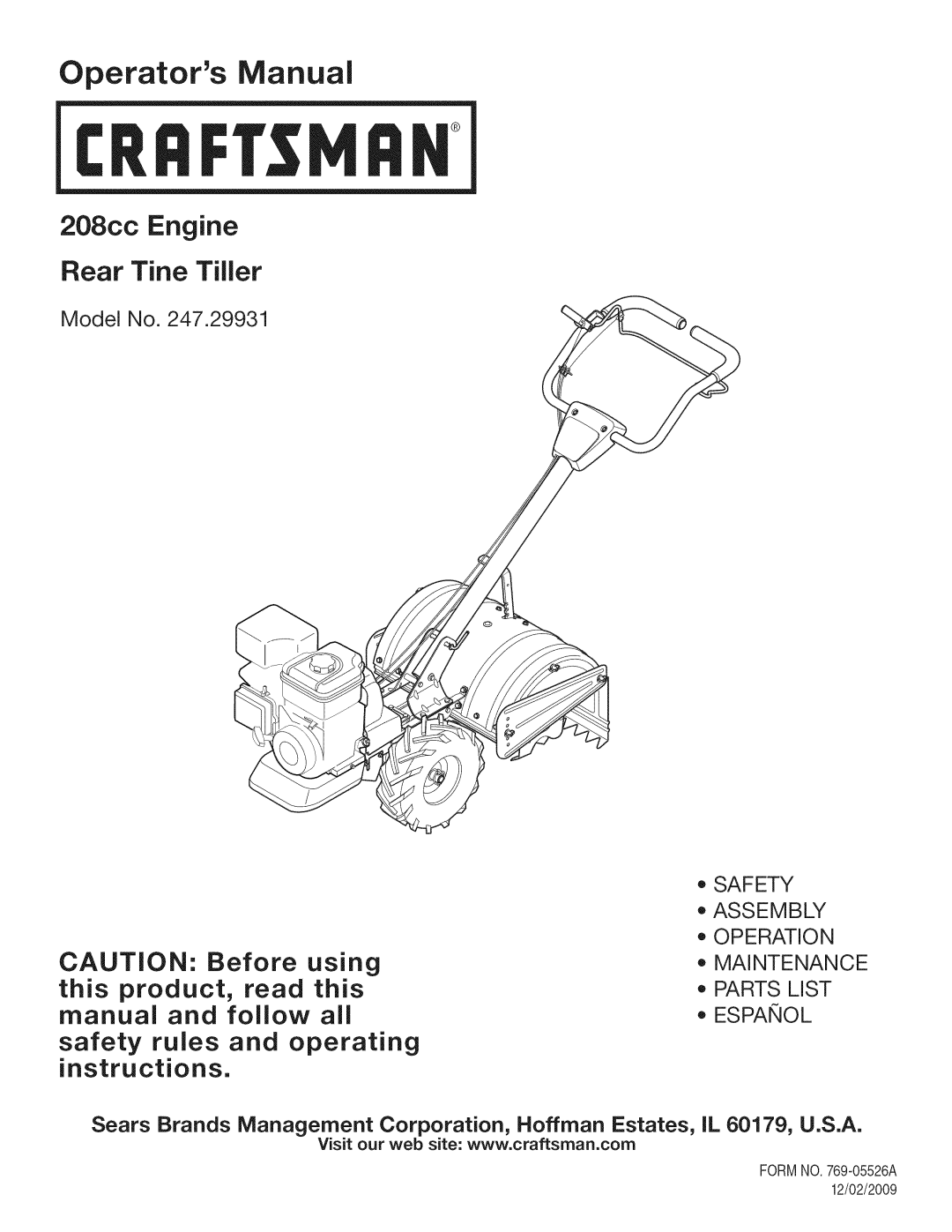 Craftsman 247.29931 manual Model No, FORMNO.769-05526A 12/02/2009 