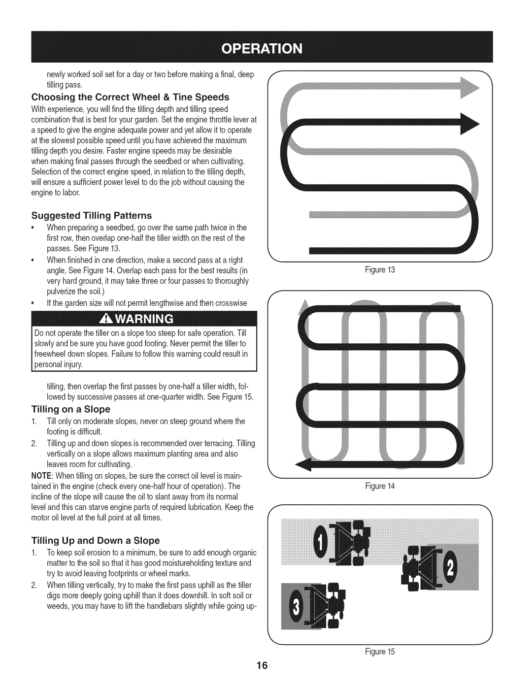 Craftsman 247.29931 manual Suggested Tilling Patterns, Tilling on a Slope 