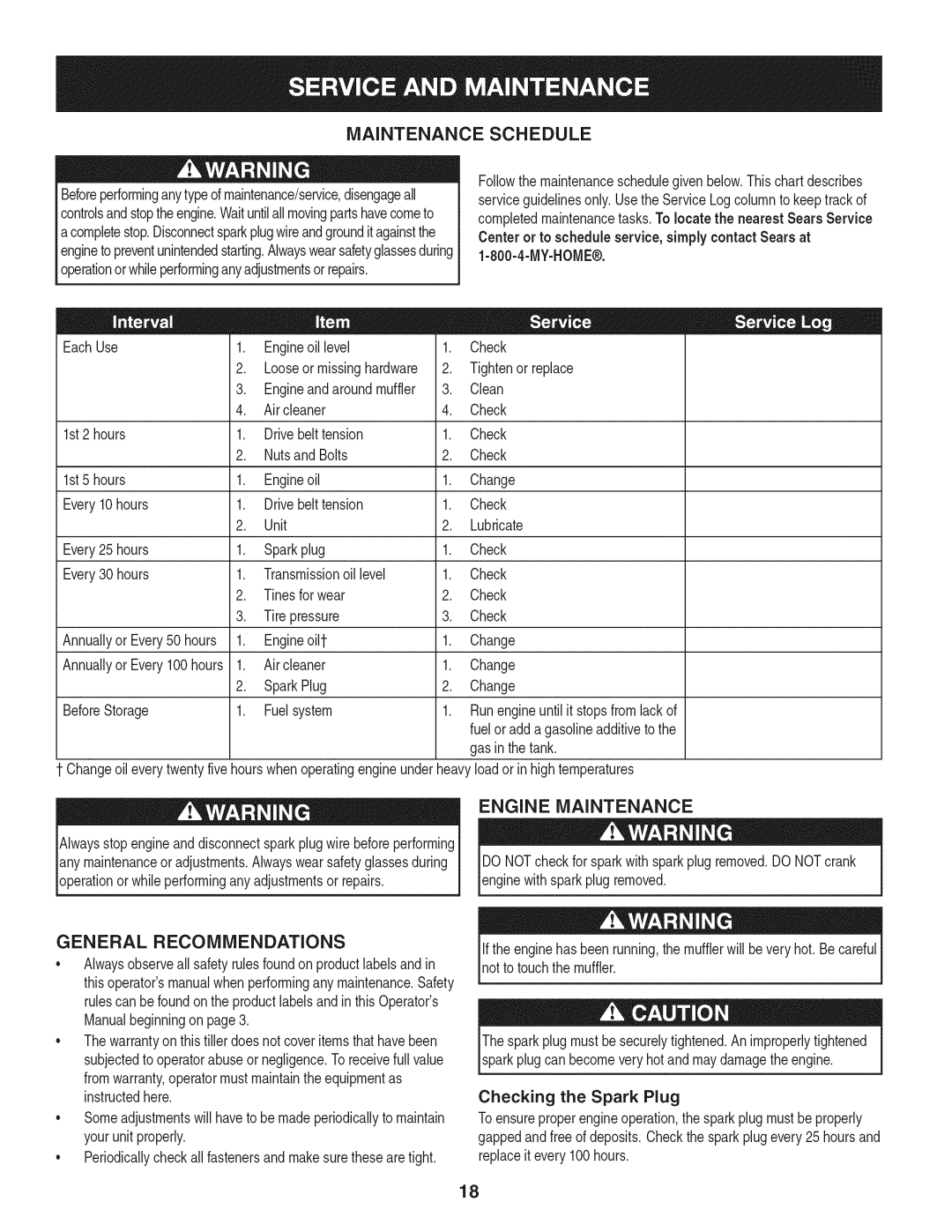 Craftsman 247.29931 Maintenance Schedule, General Recommendations, Engine Maintenance, Tightenorreplace, Gas inthe tank 